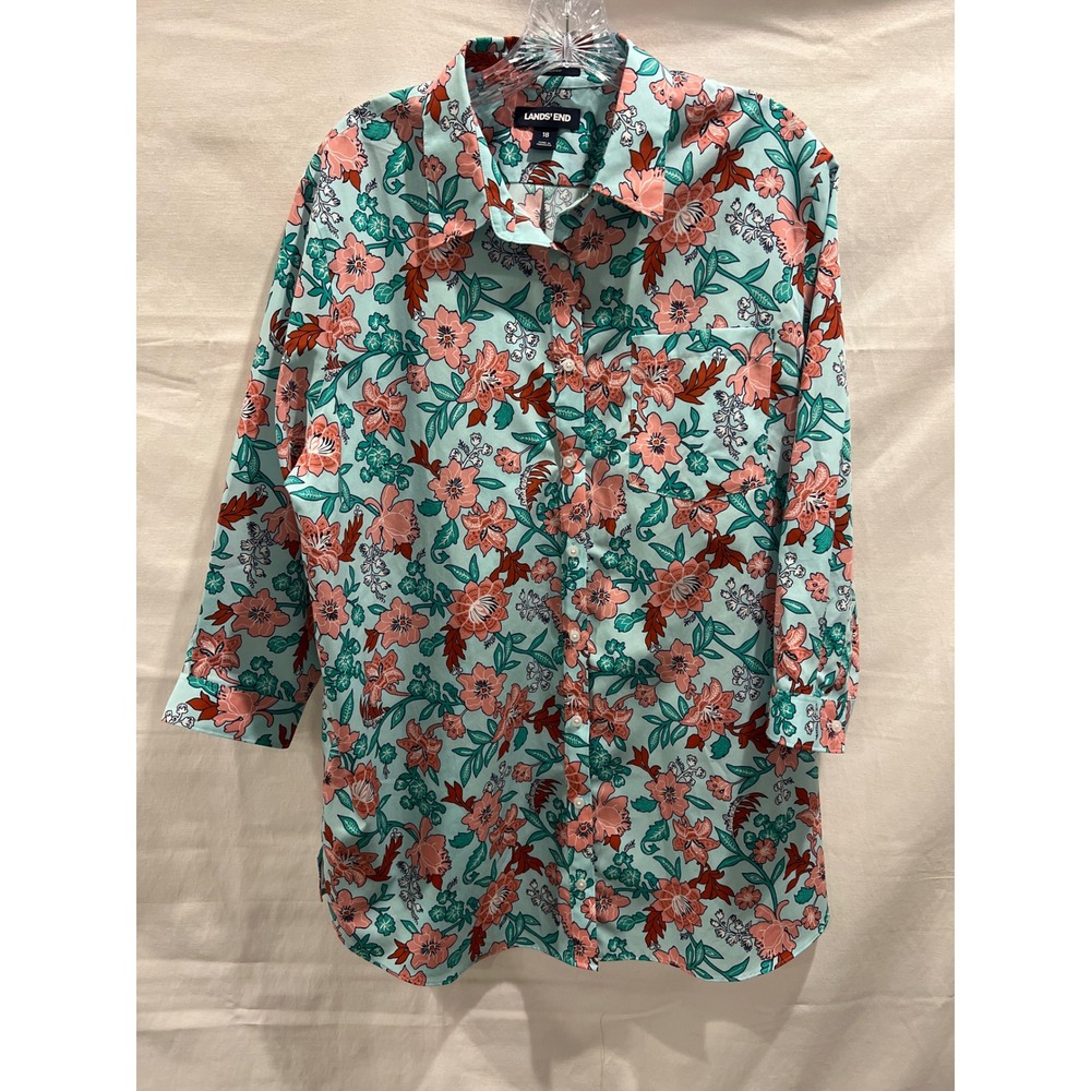 Lands' End No Iron Supima Cotton Floral Button Down Shirt Mint Green Womens 18